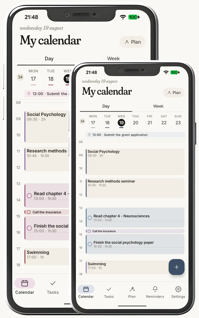 The same calendar shown twice with two different accent colours: plum on the left-hand phone, ink on the right-hand one.