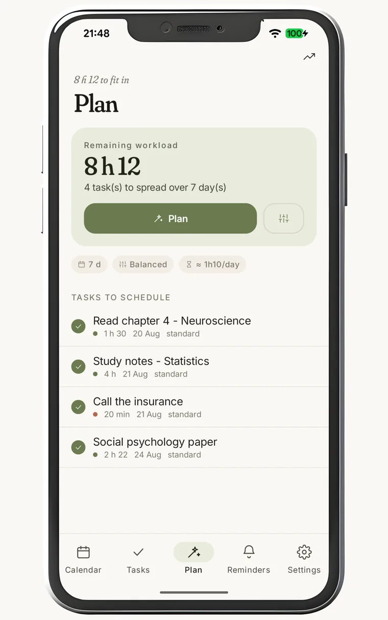 The Plan tab: a card announces 8 h 12 of remaining workload and 4 tasks to spread over 7 days, above a “Plan” button. Below it, three setting chips — 7 d, Balanced, about 1 h 10 a day — then the list of tasks to schedule.