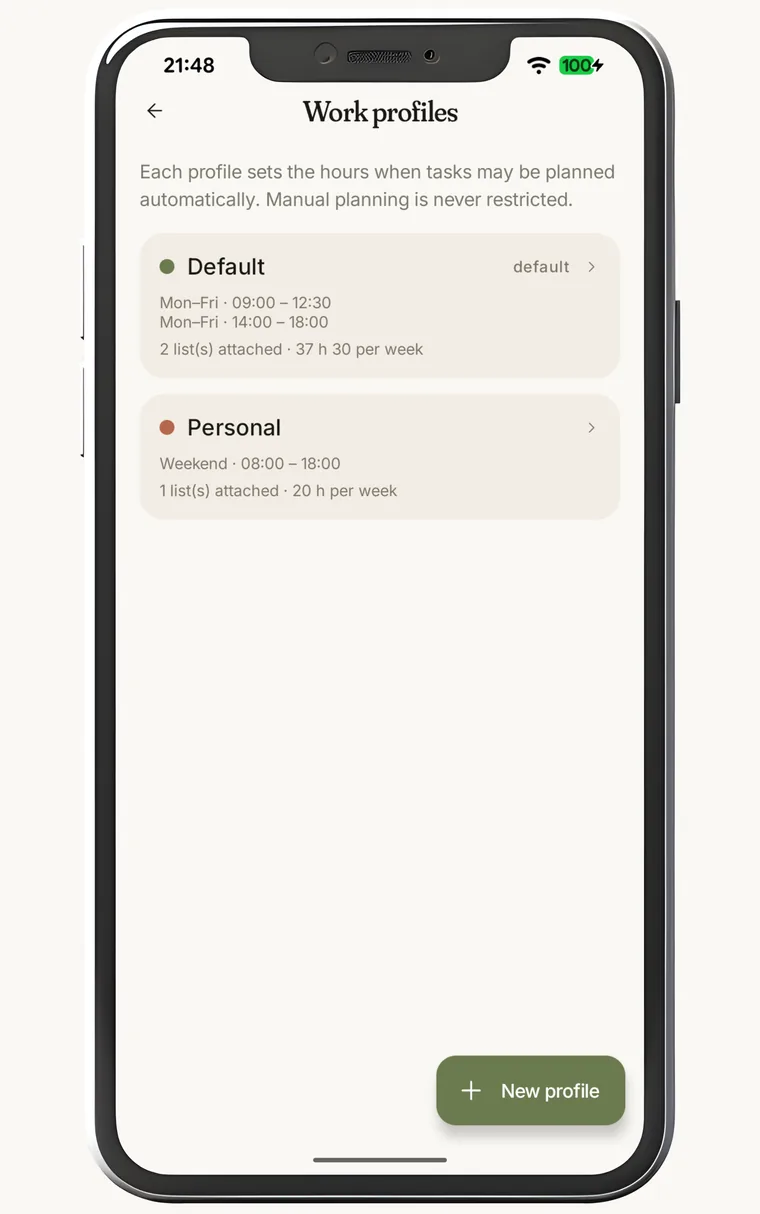 The Work profiles screen: the “Default” profile, Monday to Friday from 09:00 to 12:30 then 14:00 to 18:00, with two lists attached and 37 h 30 per week; then the “Personal” profile, weekends from 08:00 to 18:00, with one list and 20 h per week.