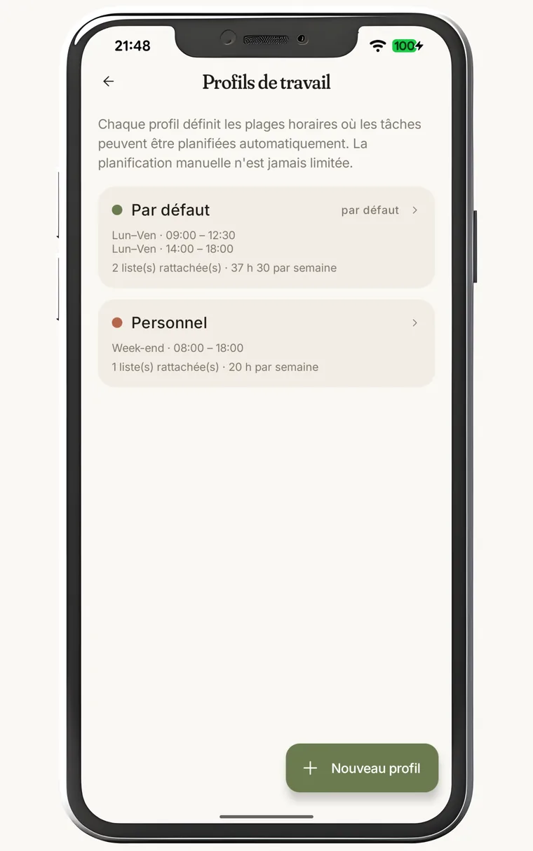 L'écran Profils de travail : le profil « Par défaut », du lundi au vendredi de 9 h à 12 h 30 puis de 14 h à 18 h, avec deux listes rattachées et 37 h 30 par semaine ; puis le profil « Personnel », le week-end de 8 h à 18 h, avec une liste et 20 h par semaine.