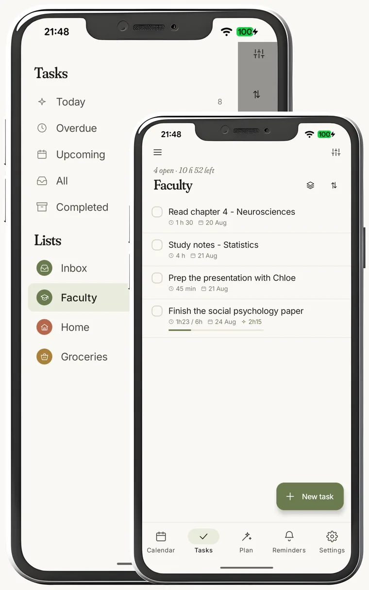 The Tasks screen: on the left the list drawer — Inbox, Faculty, Home, Groceries; on the right the “Faculty” list, each task showing its duration and due date, the last one with a progress bar at 1 h 23 out of 6 h.