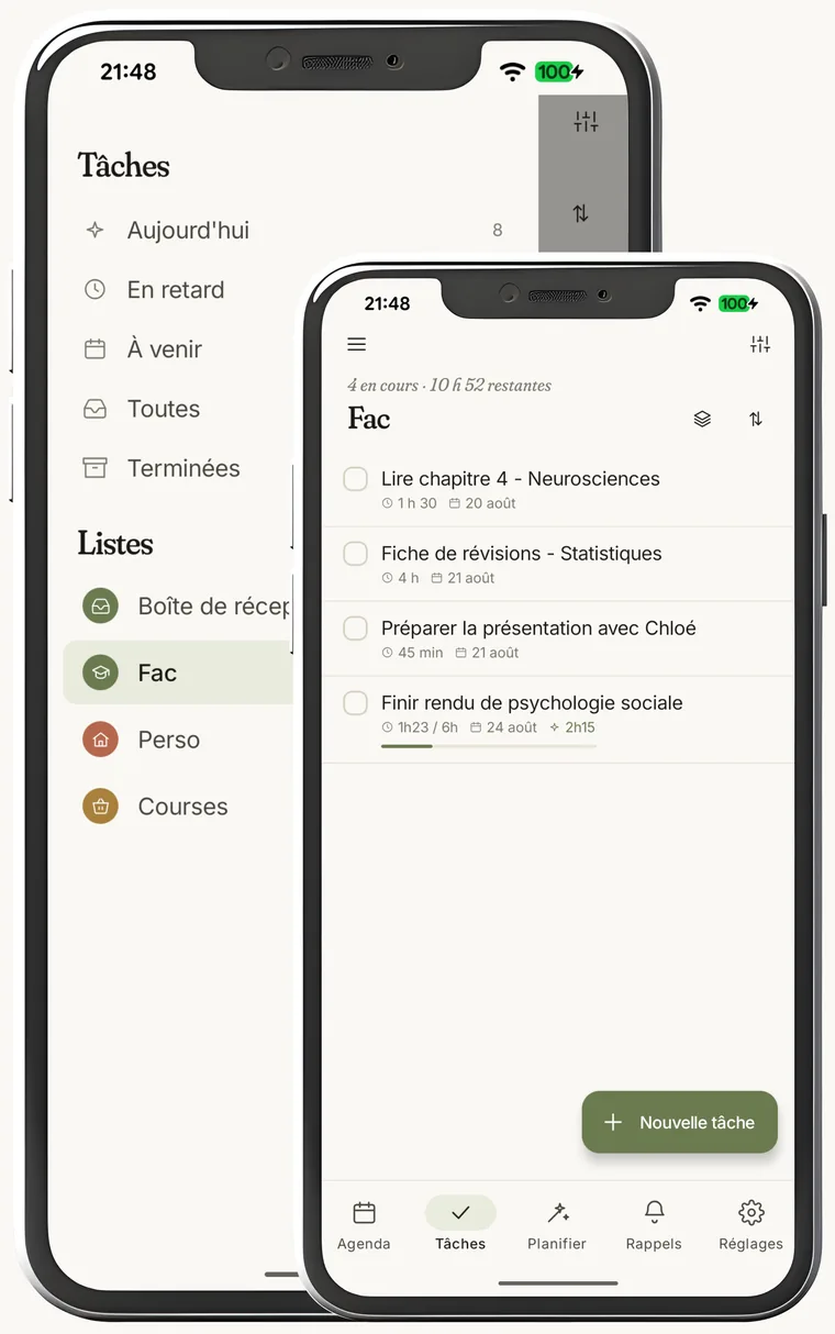 L'écran Tâches : à gauche le menu des listes — Boîte de réception, Fac, Perso, Courses ; à droite la liste « Fac », chaque tâche portant sa durée, son échéance et, pour la dernière, une barre d'avancement à 1 h 23 sur 6 h.